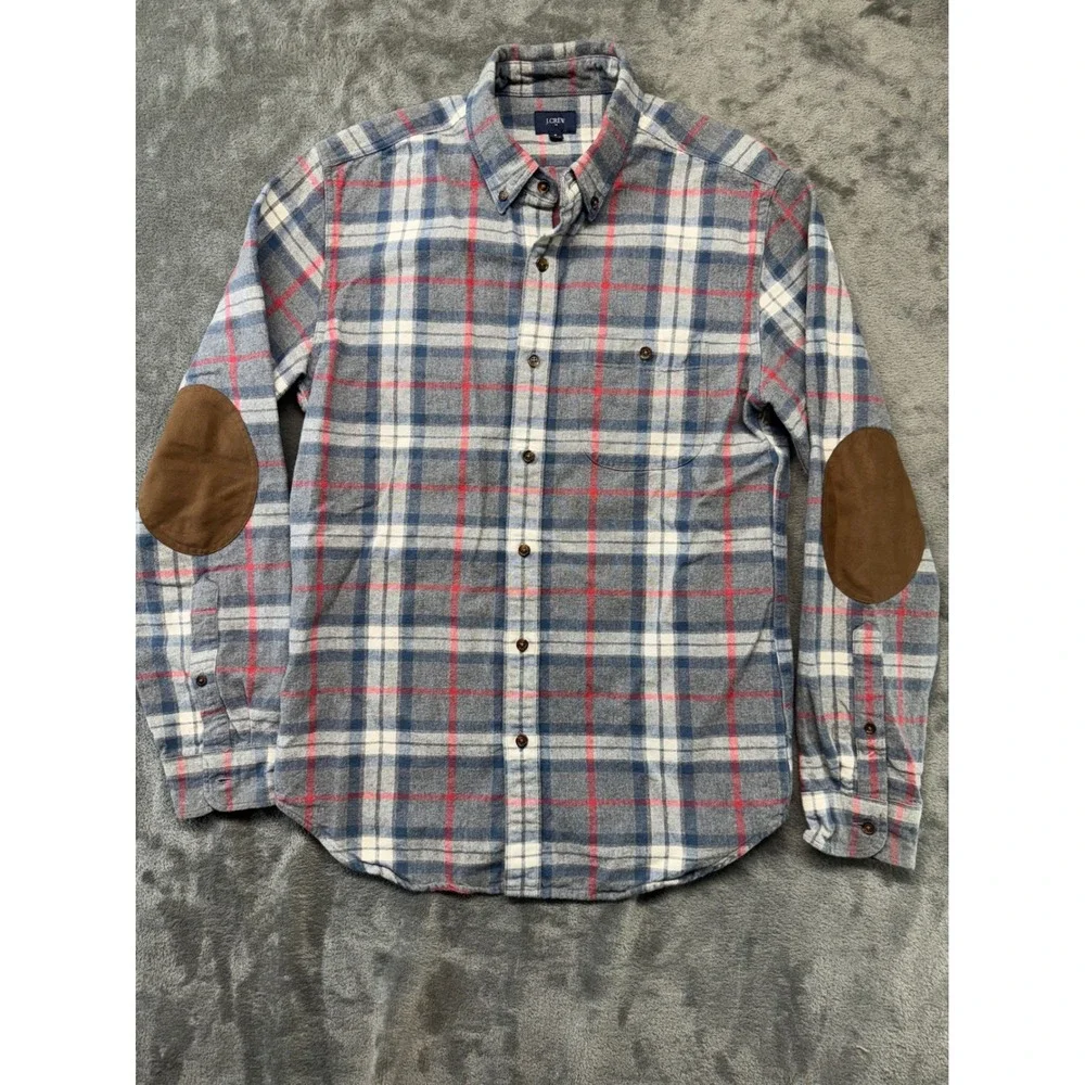 J.Crew Mens Flannel Button Down Shirt Medium Plaid Elbow Patch‎ Long Sleeve